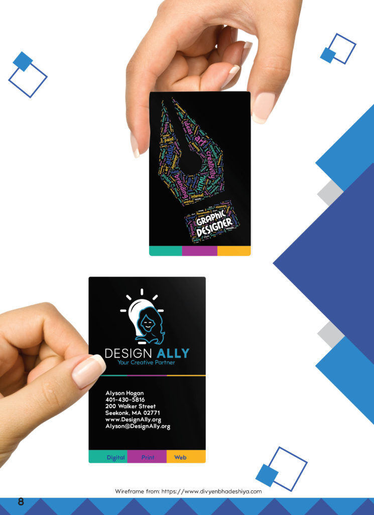 Design Ally business cards. Business cards with a black background that has colorful words arranged in the form of a graphic pen tool and has another card that shows the back which has contact info and the Design Ally logo