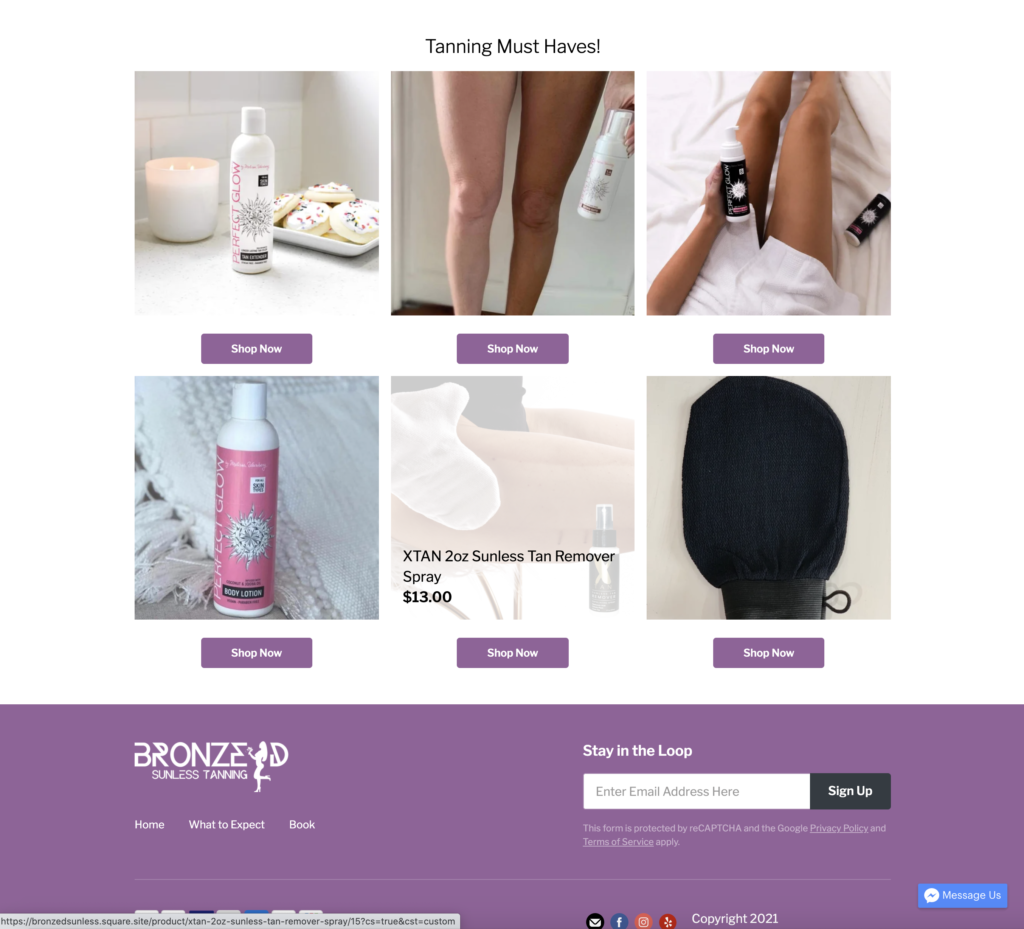 Bronzed Sunless Tanning - Complete E-Commerce Website Design 6 Screen Shot 2021 08 03 at 1.44.14 PM