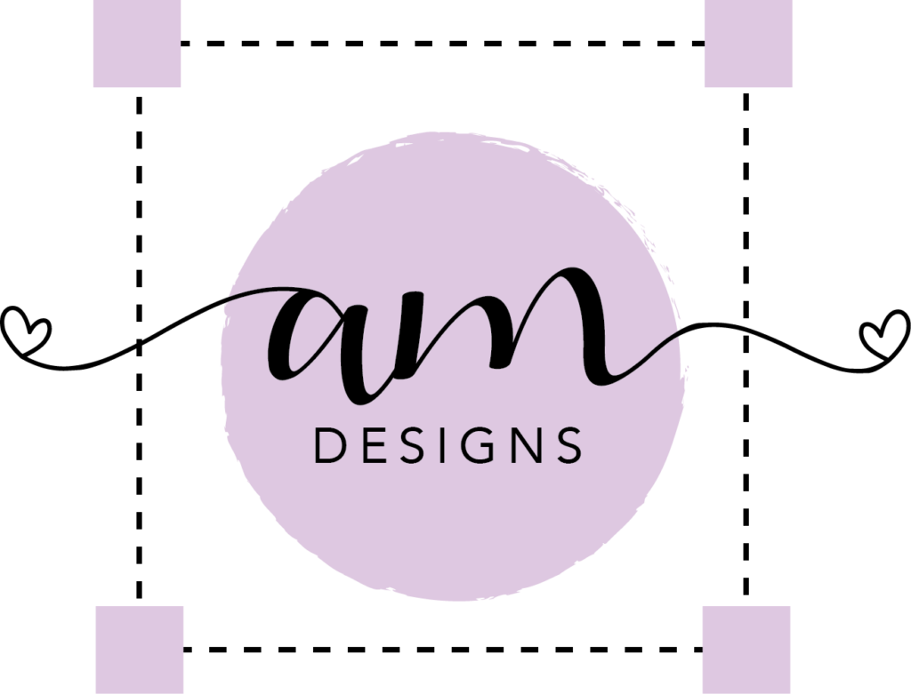 Alyson Marie Designs' Watermark logo- dotted square line with rectangles in each corner and the words "AM Designs' written inside a pink circle. [This logo is also used in the YouTube Vanity Video]