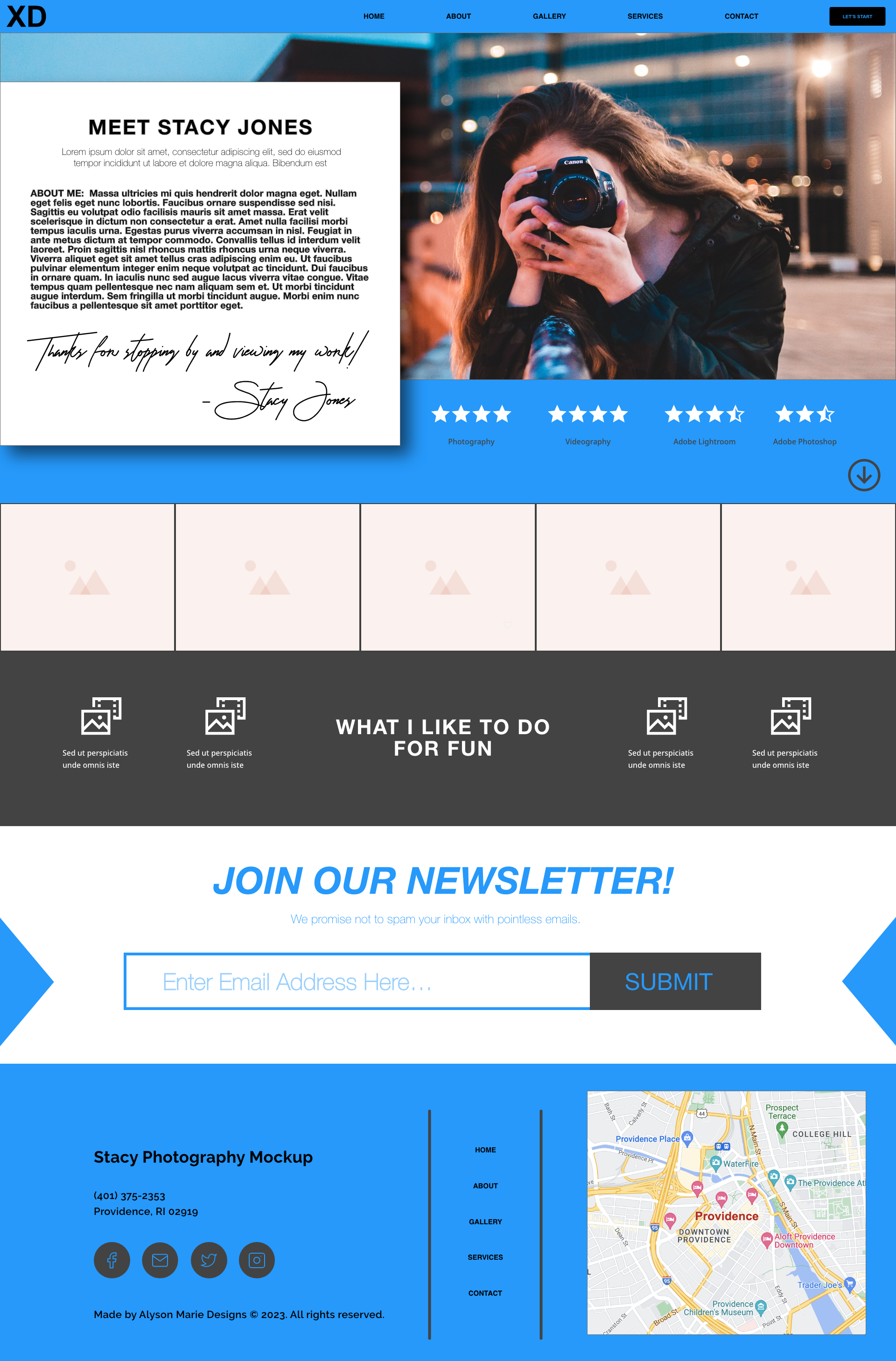 Capstone Project: Wordpress Website Theme 2 Project Blue Photography- About Page Wireframe/ Mockup