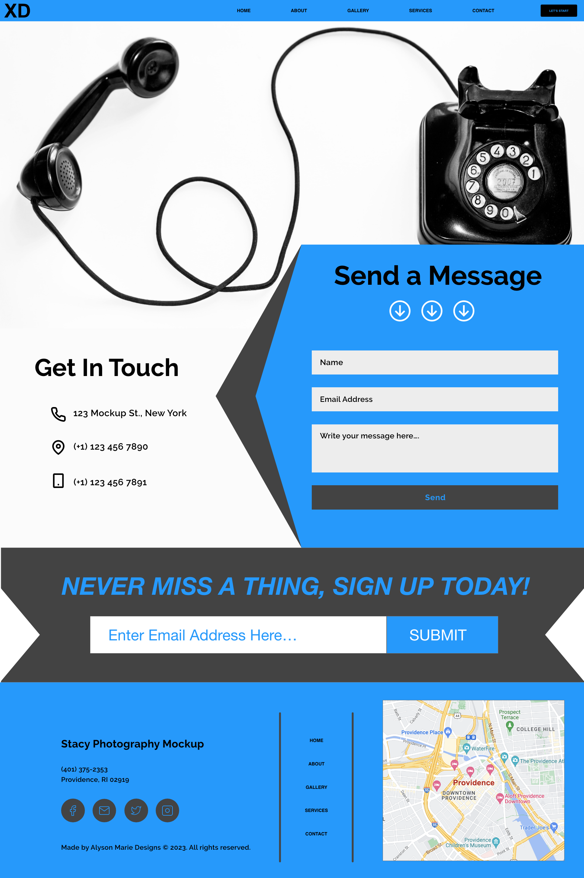 Capstone Project: Wordpress Website Theme 3 Project Blue Photography- Contact Page. Wireframe/Mockup