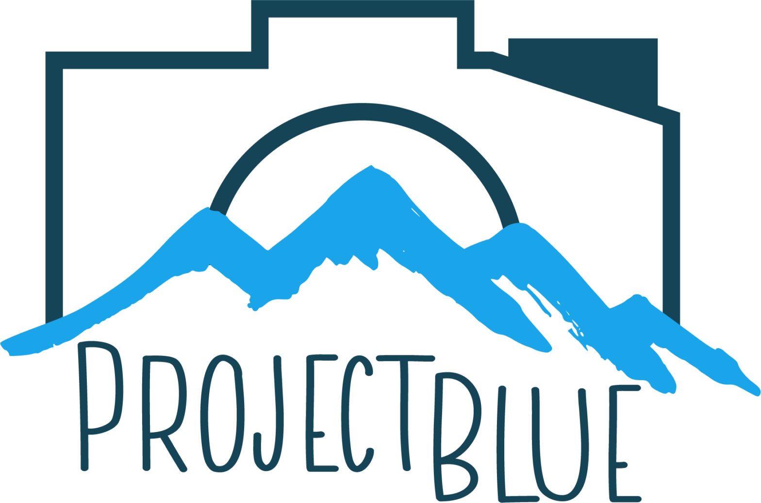 Capstone Project: Wordpress Website Theme 1 Project Blue Photography-Logo-Colored version of a camera with a mountain in front of it and the words Project Blue underneath the moutain